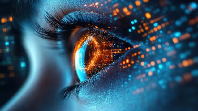 Cyberpunk human eye with glowing digital interface and orange data