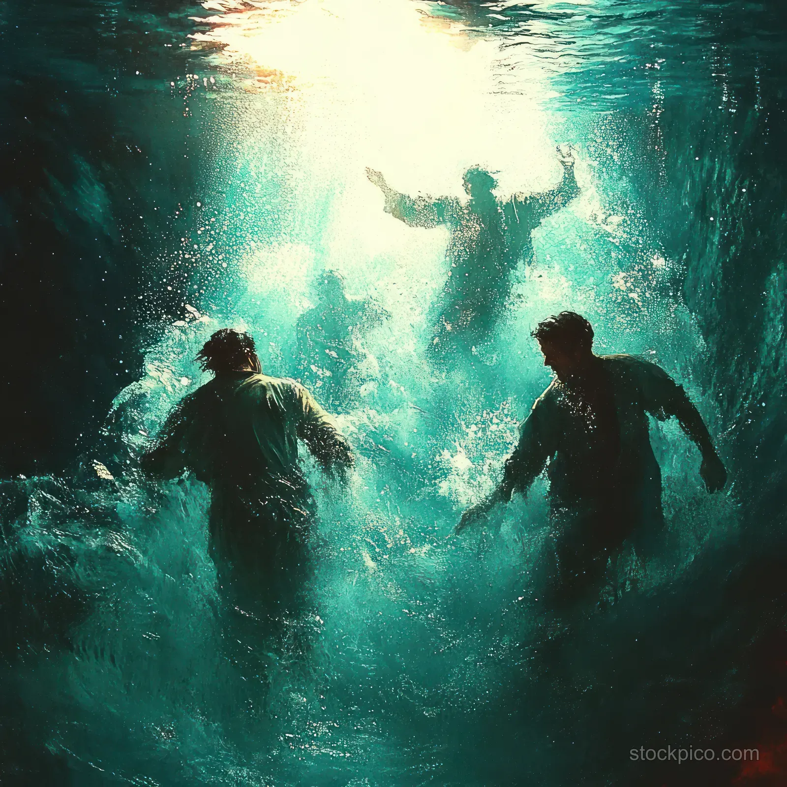 Jesus reaches out to rescue a struggling man while sea water churns around them beneath a bright light.
