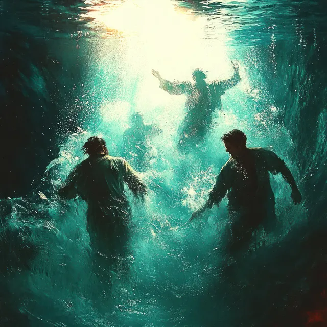 Jesus rescues a drowning man in churning ocean water with radiant light above