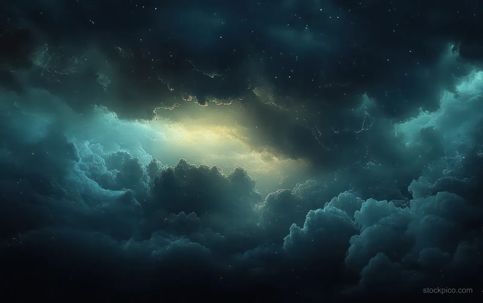 Stormy nebula clouds glow with cosmic dust in a dark deep-space sky.