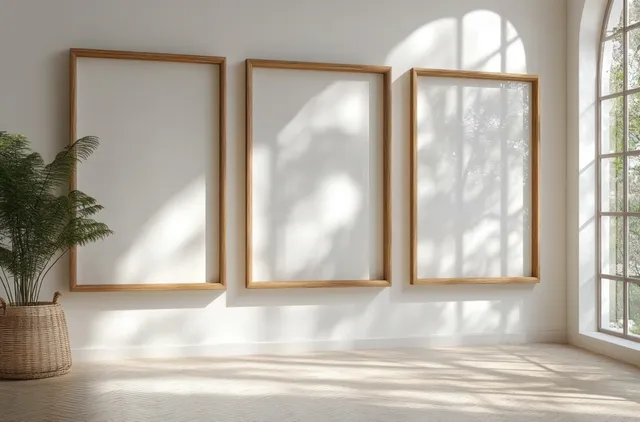 Three empty wooden picture frames hang on a light wall beside a bright window with soft shadow patterns.