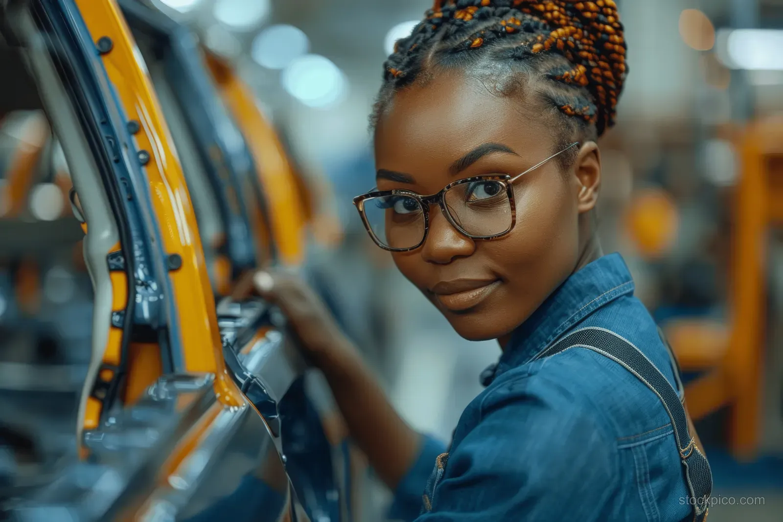 Female technician in safety glasses inspects an SUV door panel near an automotive production line.