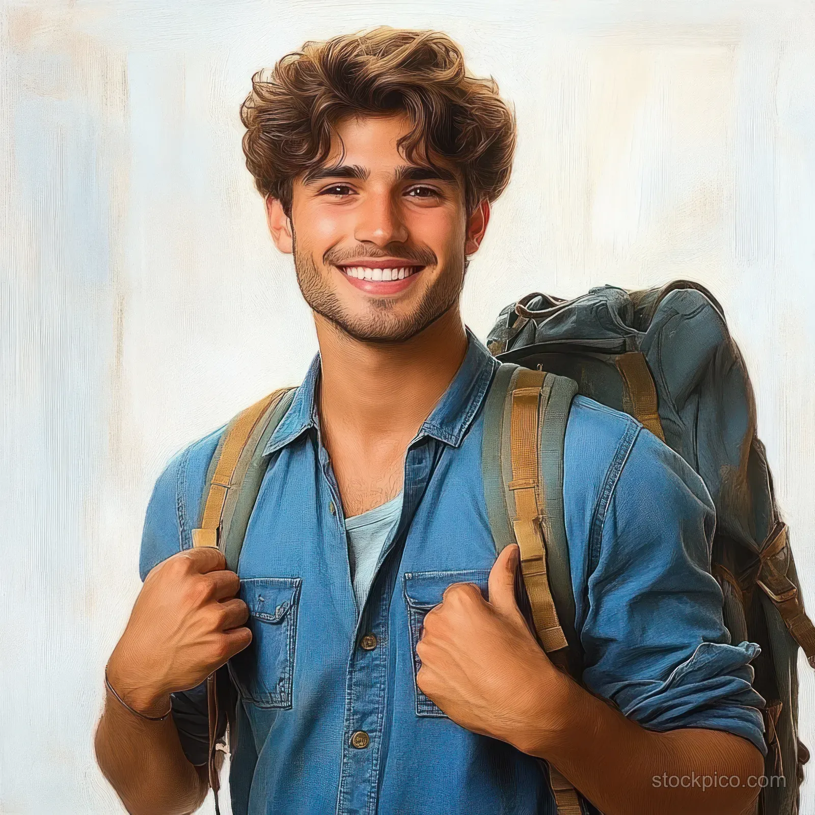 A smiling young man with curly hair in a denim shirt holds backpack straps outdoors, looking ready to travel.