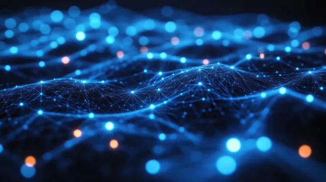 Glowing blue and orange network nodes connected by light lines create a wave grid on a dark background.