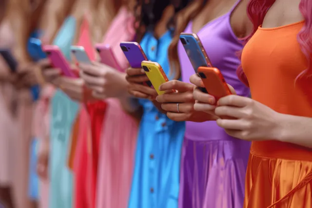 Diverse Friends Holding Colorful Smartphones Outdoors, Social Media Connectivity