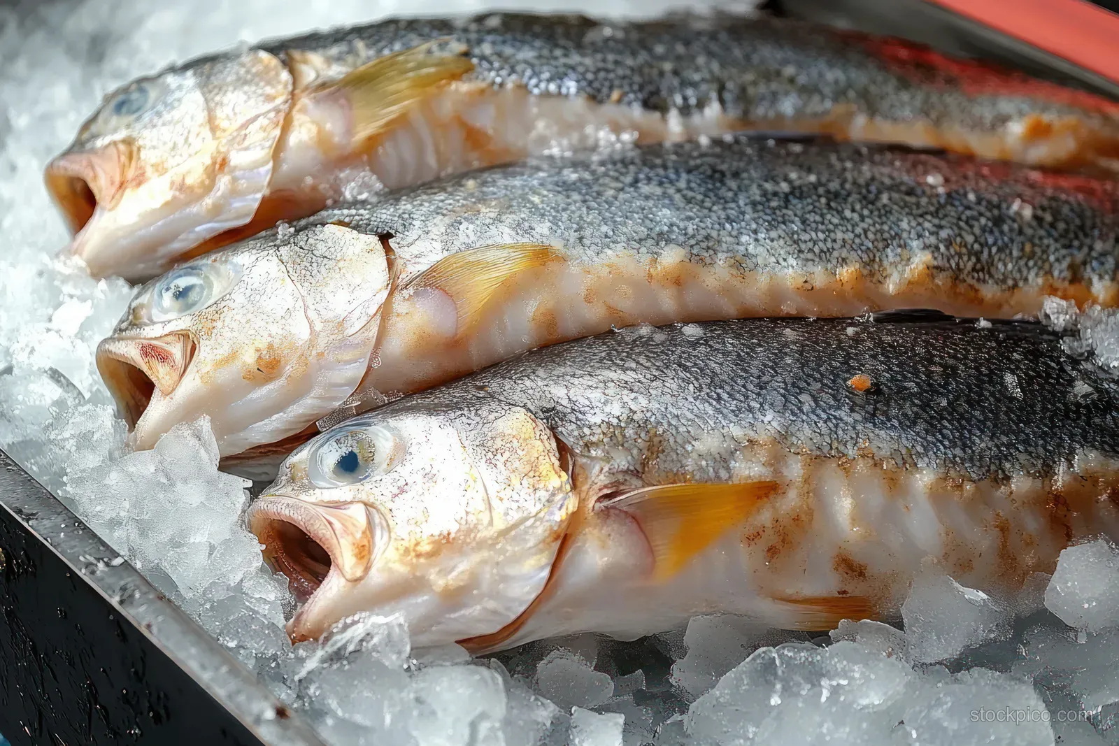 Three whole fish with silver scales and open mouths rest on crushed ice in a metal tray.
