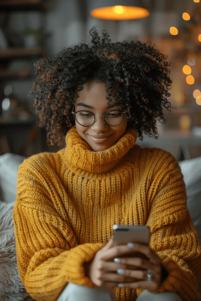 A smiling woman types on her phone while her laptop sits on a white desk in a sunny home office.
