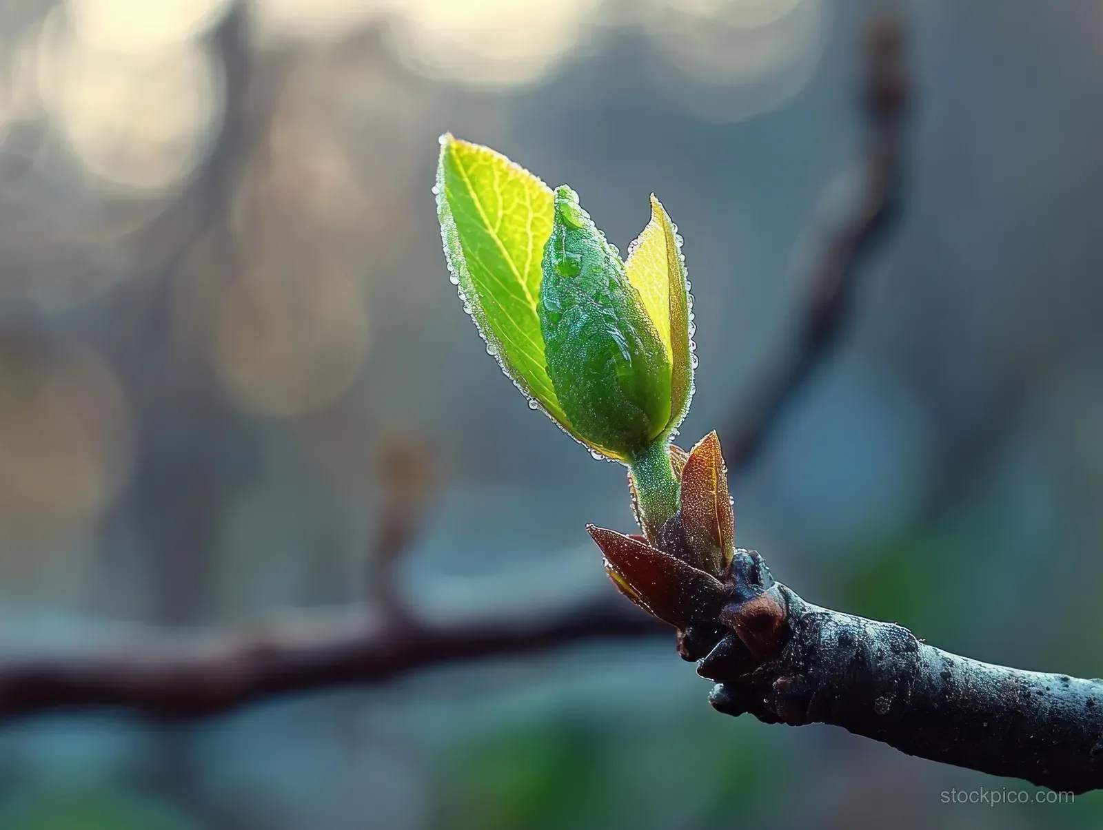Fresh green leaf bud on a twig with morning dew against a blurred outdoor background.