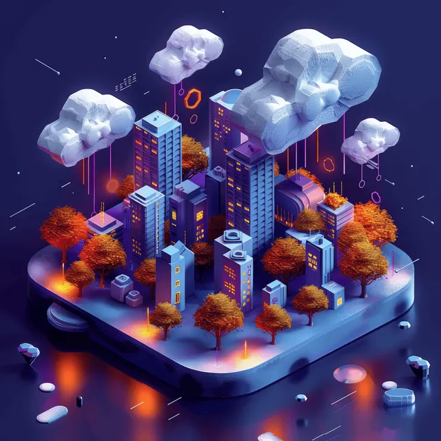 Isometric cloud computing city with low-poly trees, surrounded by floating servers and data