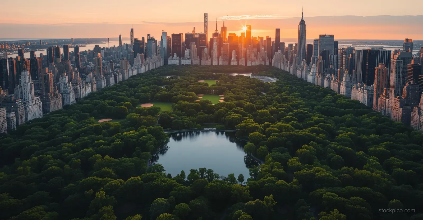 Aerial view of Central Park at sunset with warm skyline light and surrounding Manhattan skyscrapers.