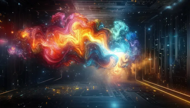 Swirling neon nebula clouds glow through a dark sci-fi corridor of circuit lines