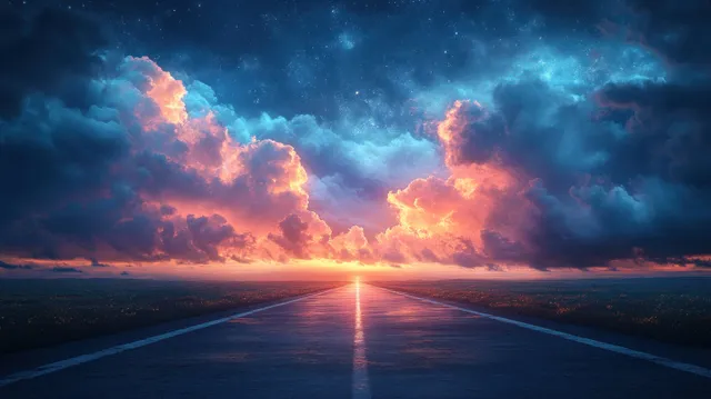 Empty airport runway at night, glowing horizon line beneath stormy starry clouds