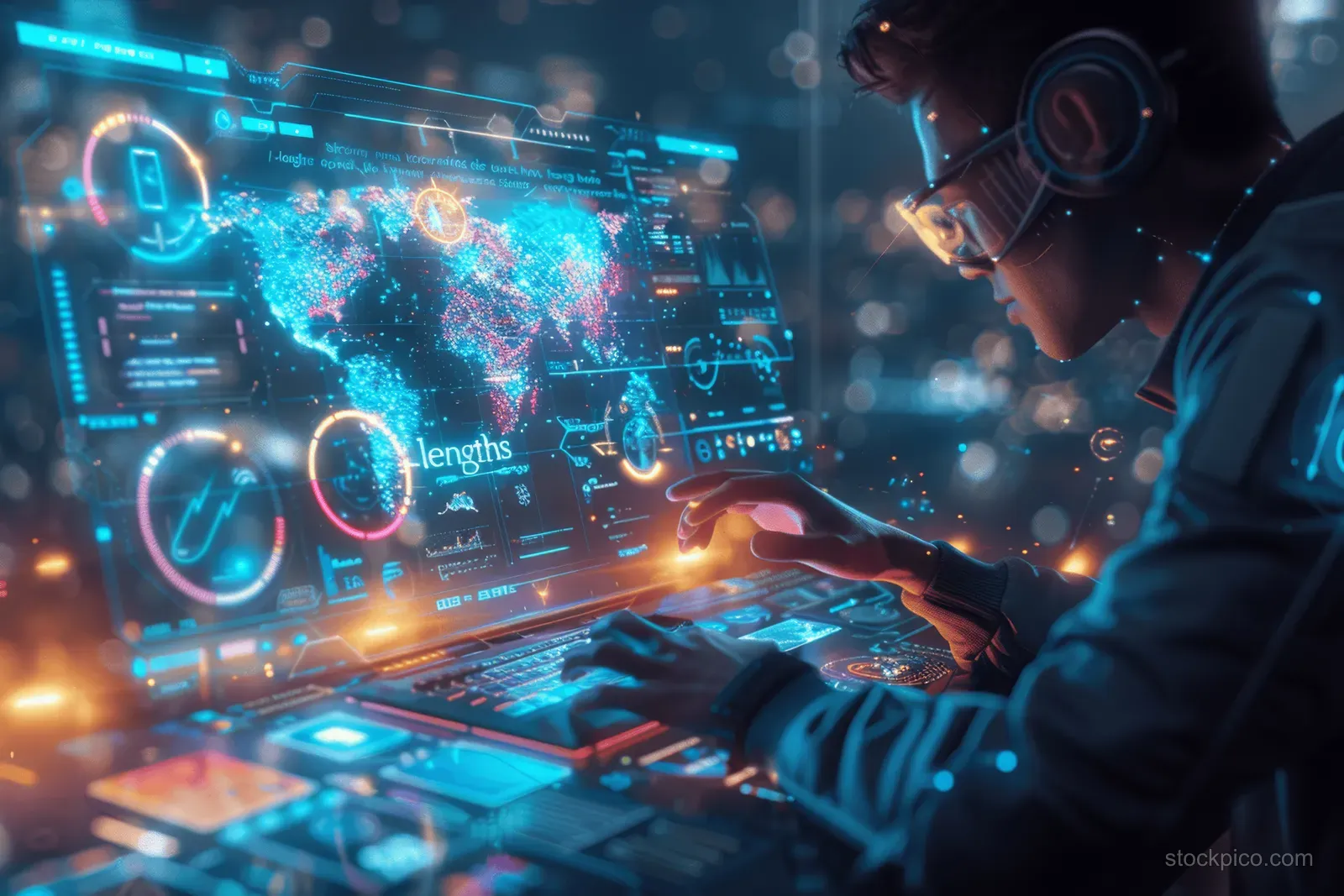 An engineer typing at a desk while a glowing digital dashboard with task panels fills the monitors.