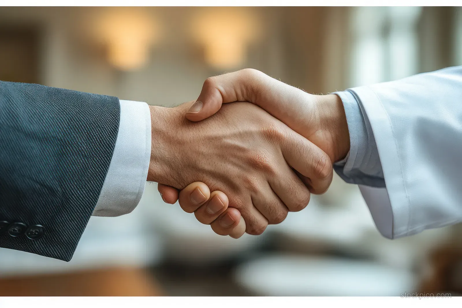 Doctor and businessman handshake in a clinic hallway while discussing medication collaboration.