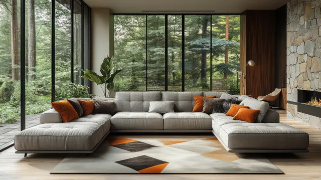 Gray sectional sofa and geometric rug in a bright modern living room with large windows and stone fireplace wall.