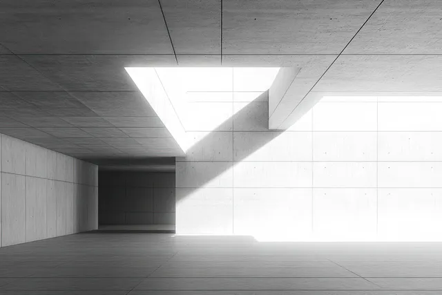 Empty concrete room lit by a rectangular skylight, with sharp geometric shadows on walls and floor.
