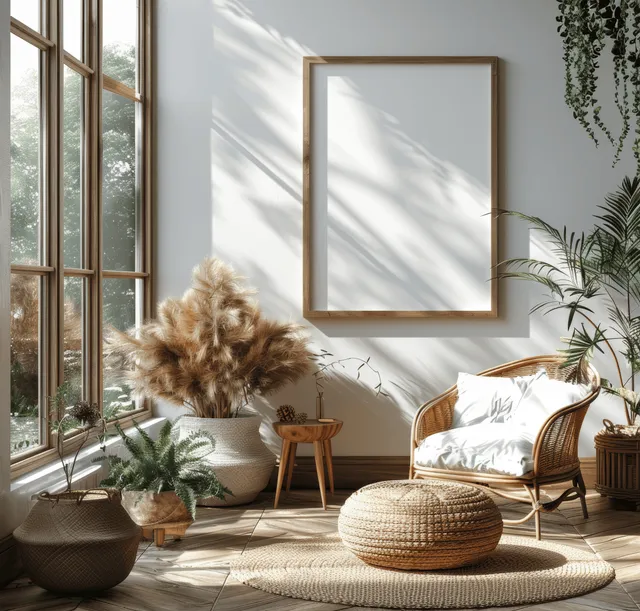 Bohemian living room with blank A4 frame on wall, rattan decor, and soft natural sunlight