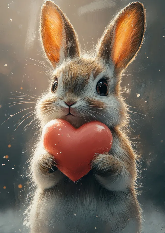 Fluffy baby rabbit holding a red heart, falling snow watercolor illustration background