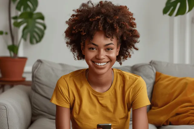 Smiling young woman using a smartphone on a living room sofa with bright cushions