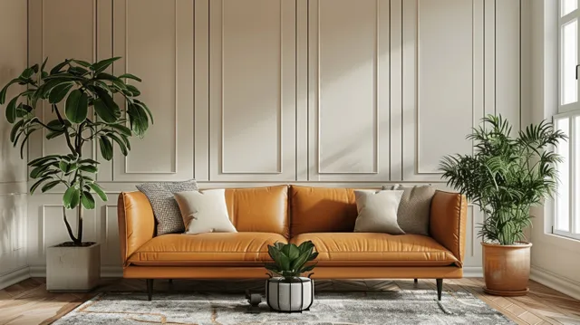 Scandinavian living room with beige sofa, brown leather accents, plants, and white paneling