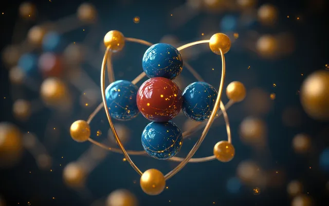 A 3D atomic model with a red nucleus, blue particles, and golden electron orbits over a dark bokeh background.