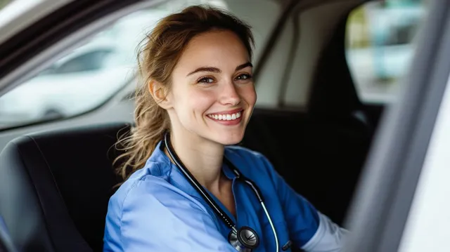 Smiling nurse in a blue uniform with a stethoscope driving a car during daytime commute.