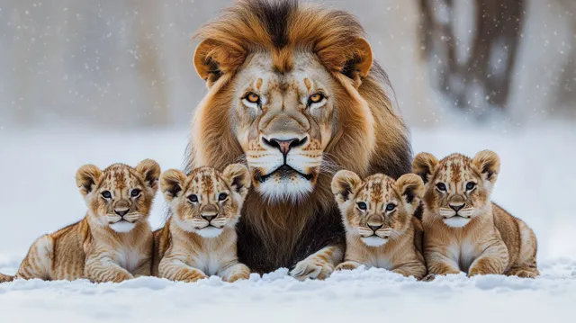 Adult lion lying in snow with four lion cubs nestled closely together as snow falls.
