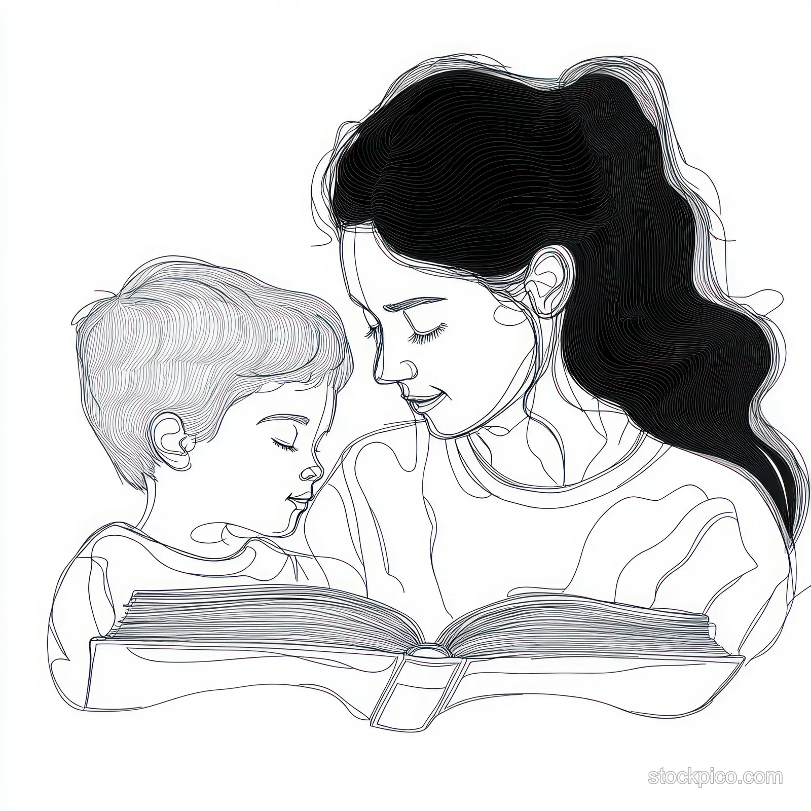 A woman reads an open book to a young child in a black-and-white line drawing with calm, focused expressions.