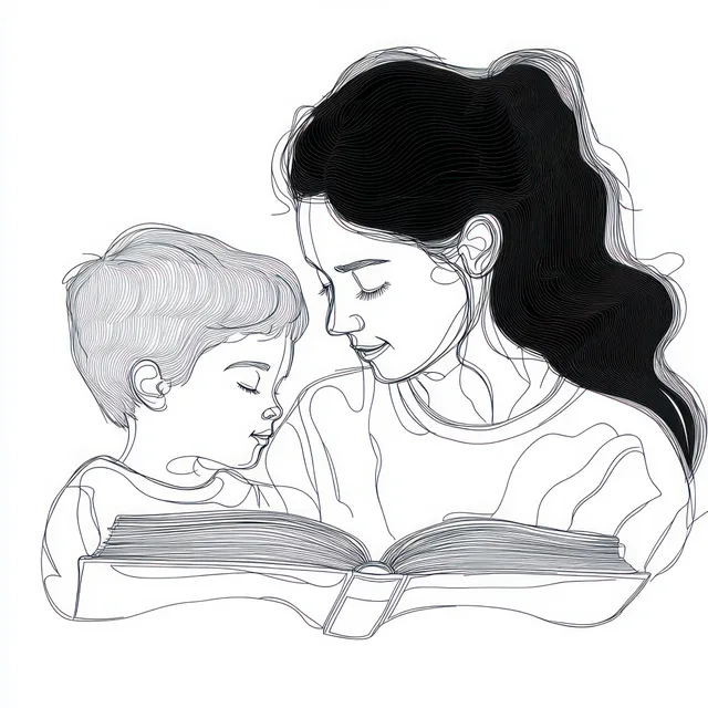 Una mujer lee un libro abierto a un niño pequeño en un dibujo lineal en blanco y negro con expresiones tranquilas y concentradas.