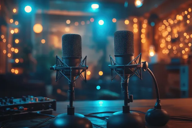 Two podcast studio microphones on a desk with blurred blue and amber lights behind them.