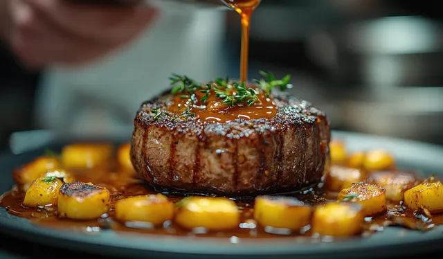 Chef plating a glossy steak with herbs and vegetables on a plate in a restaurant kitchen.