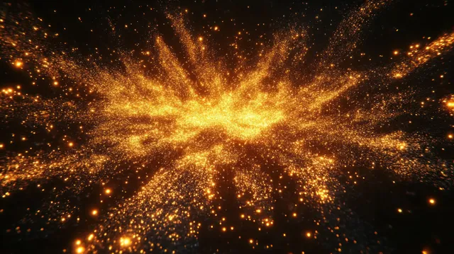 Golden light particles explode outward from a glowing center on a dark background.