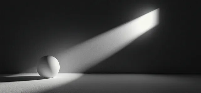 Black Sphere in Dramatic Light Beam on Minimalist Gray Background