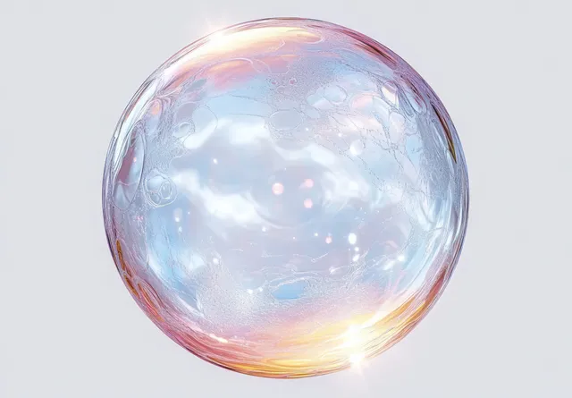 A transparent soap bubble on a plain white background with iridescent rainbow reflections.