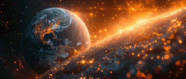 Satellite view of Earth with glowing orange night lights and drifting particle glow around the planet.