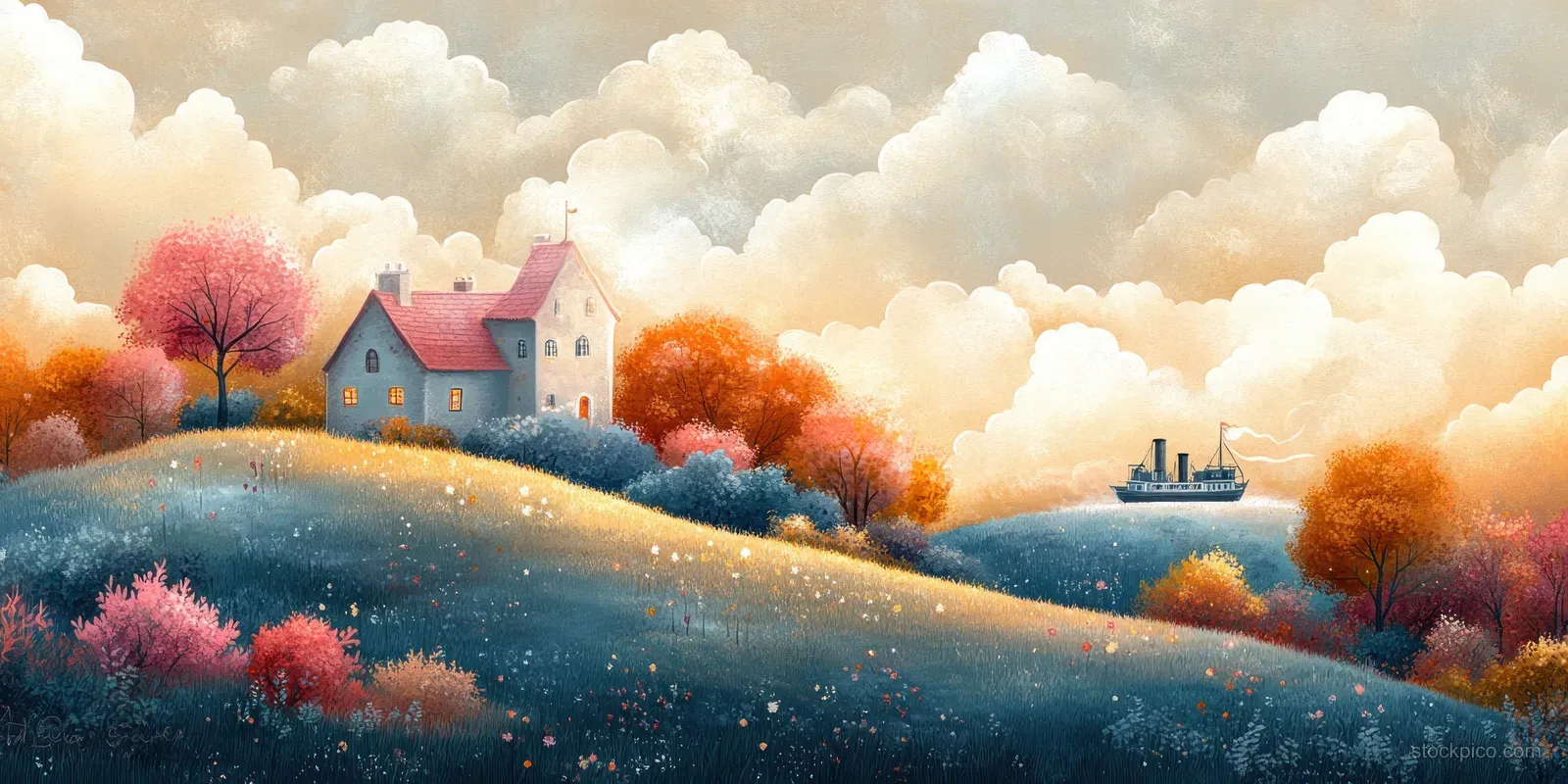 Whimsical Castle by the Water with Steamship and Dreamy Pastel Hills