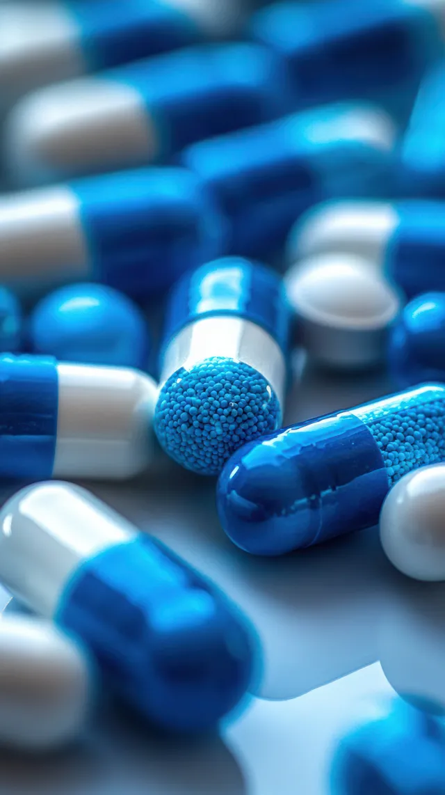 Scattered blue and white medicine capsules with visible granules on a reflective surface.