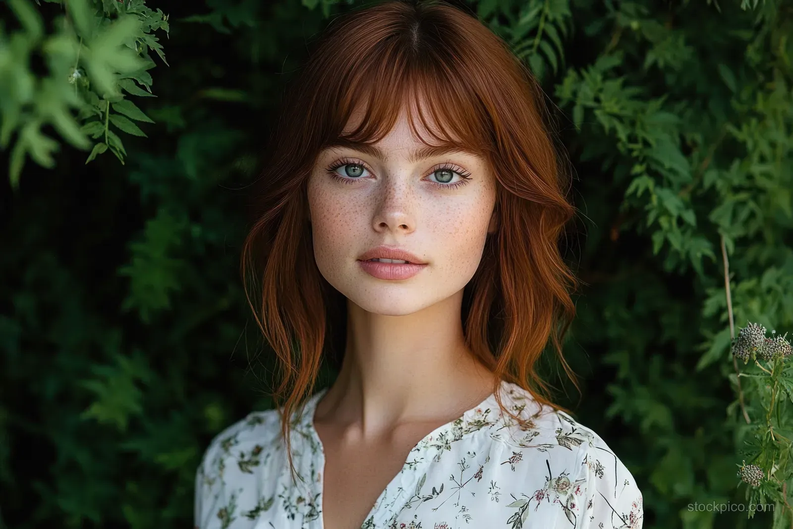 Young red-haired woman in a white floral blouse stands outdoors with her face framed by lush green leaves.