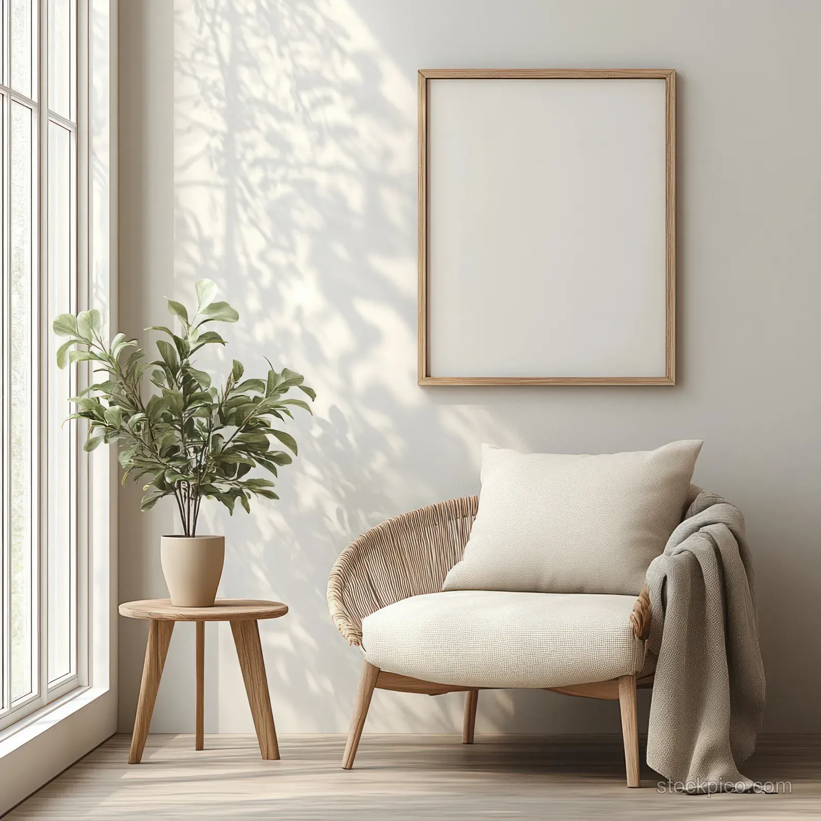 Cream armchair in a minimalist living room beside a potted plant and a blank framed picture under window light.