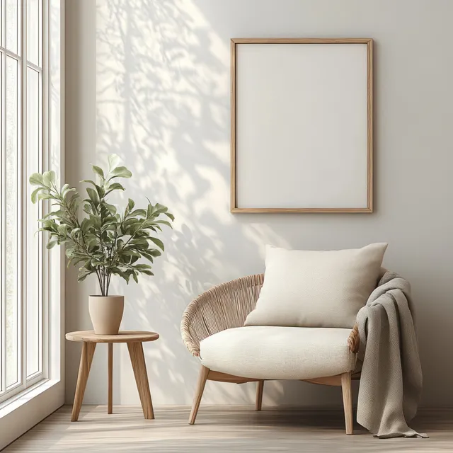 Cream armchair in a minimalist living room beside a potted plant and a blank framed picture under window light.