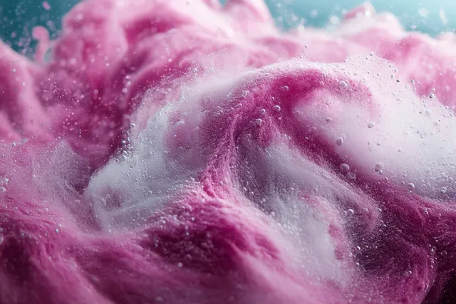 Pink and white swirling liquid underwater with foamy bubbles forming cloud-like patterns