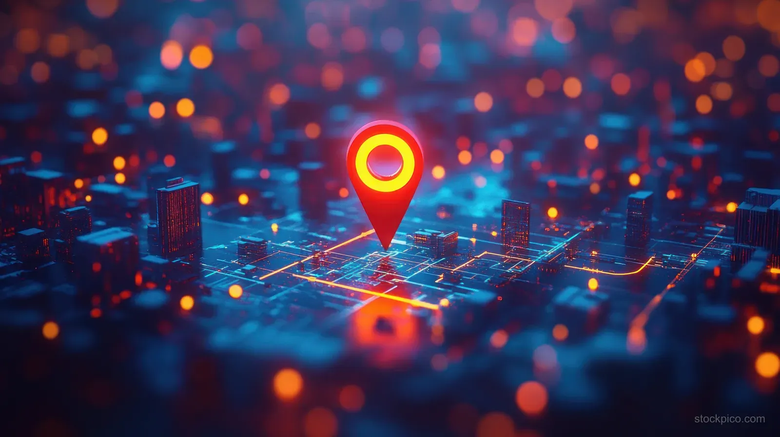 A red map pin hovers over a glowing neon city grid with blurred lights.