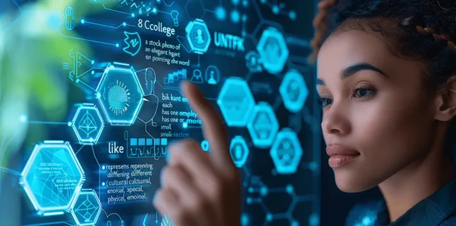 A professional hand interacts with a glowing HR wellbeing dashboard showing hexagonal icons and metrics.