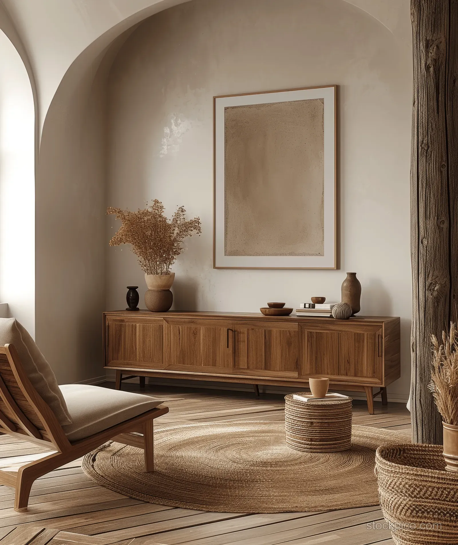 Wooden sideboard in a neutral boho wabi-sabi living room with a blank poster frame and woven accessories.