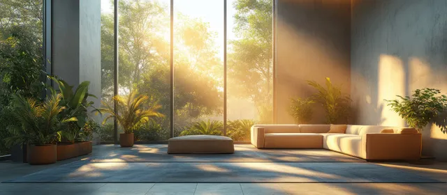 Minimalist office lobby with white-and-blue seating, indoor plants, and golden sunlight from large windows.