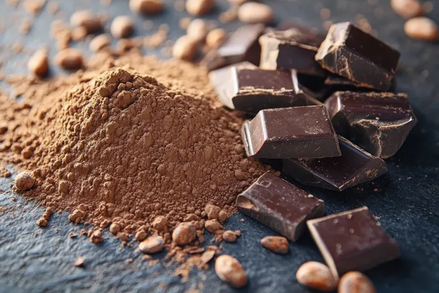Dark chocolate chunks and cocoa powder lie on a dark surface with scattered cocoa beans visible around them.