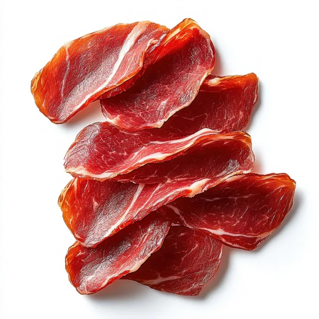 Stacked thin slices of cured red meat with visible marbling on a white background.