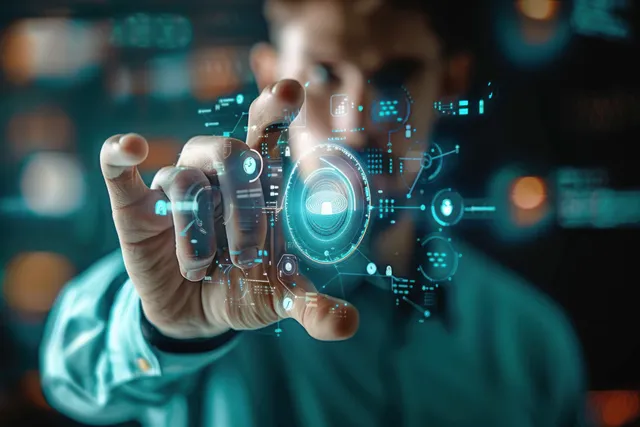 Hand touching a glowing holographic lock interface for cybersecurity and data protection