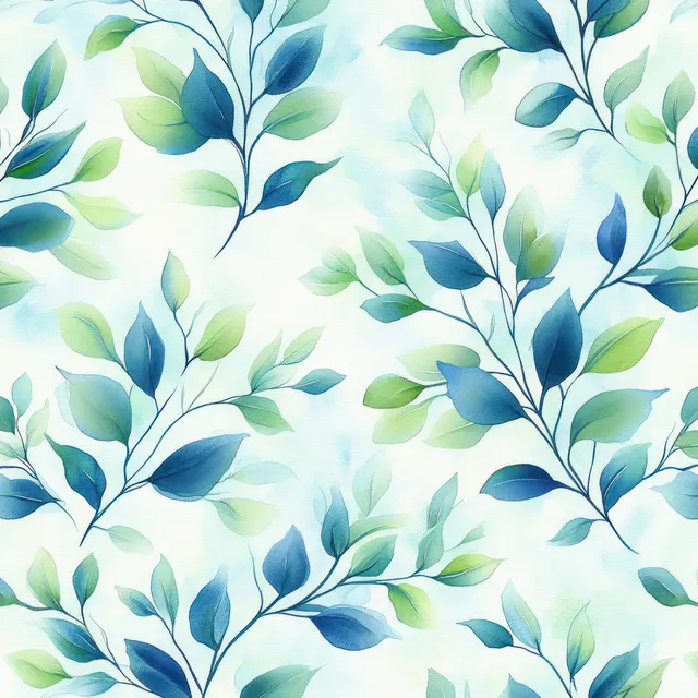 Seamless watercolor leaf pattern in blue and green on a pale background