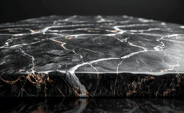 Polished black marble slab shows intricate white and gold veins across a glossy reflective surface.